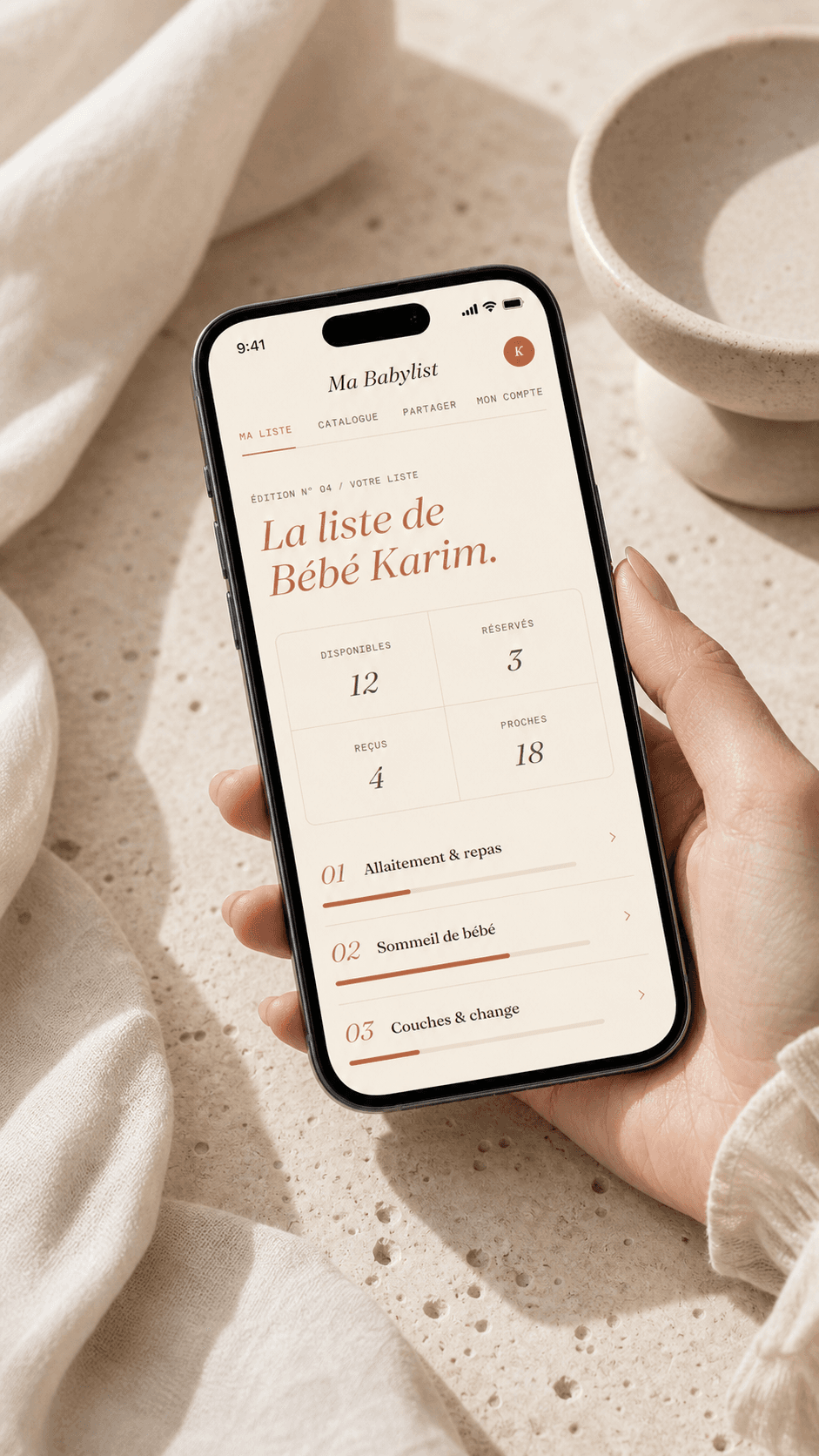 Aperçu Ma Babylist sur mobile — composer une liste de naissance
