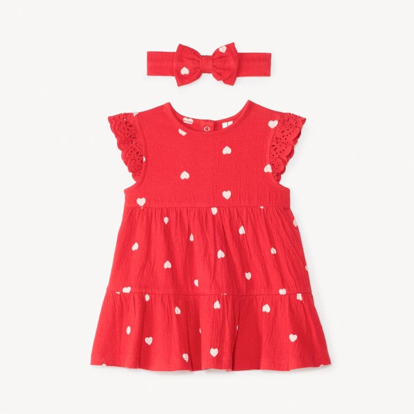 Orchestra Ensemble robe manches courtes + bandeau imprimé cœurs pour bébé fille - Rouge - 1 mois - Ensemble - Bébé fille