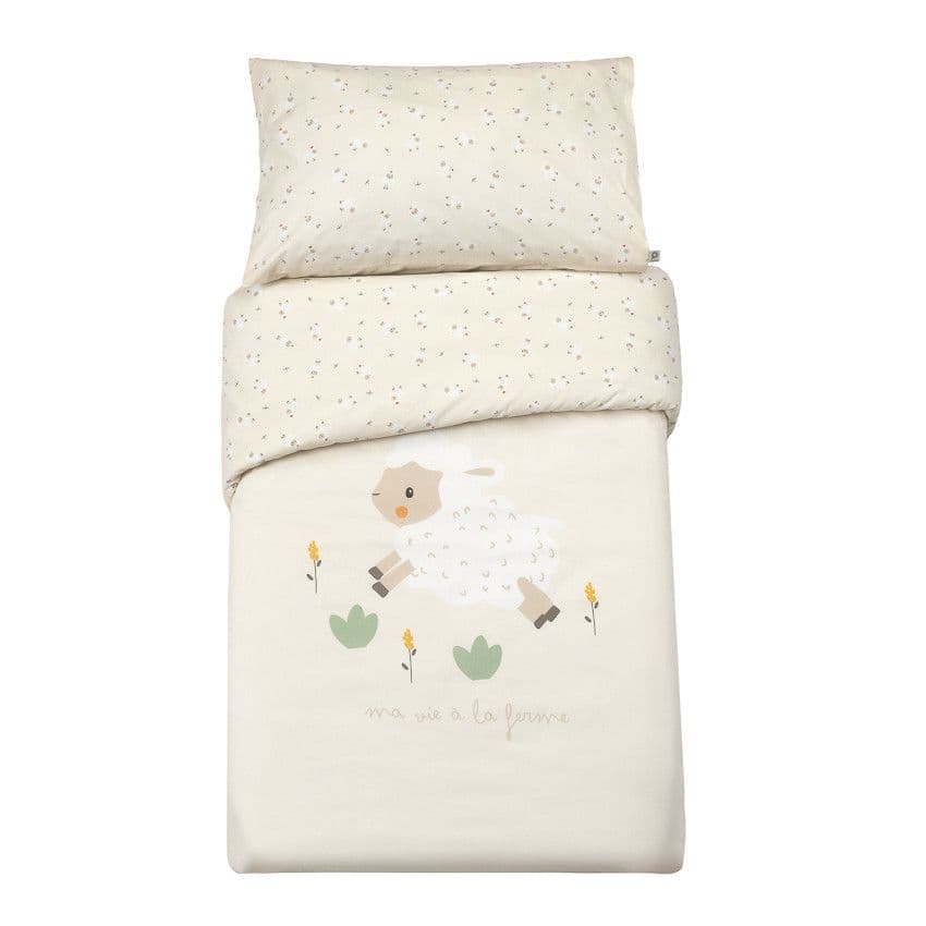 PREMAMAN Housse de couette avec taie d'oreiller 60 x 120 cm La Vie à la Ferme - Ecru - Literie - Sommeil