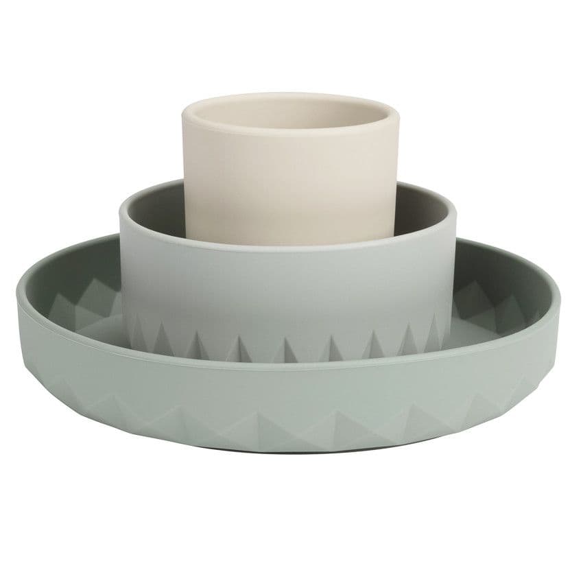PREMAMAN Set repas 3 pièces en silicone Origami vert - Bleu - Repas 2ème âge - Repas
